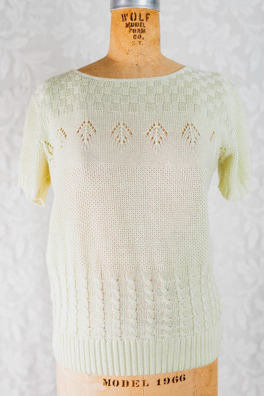 Vintage 80s Mint Green Sweater Short Sleeve Classic Minimalist Knit Blouse, S